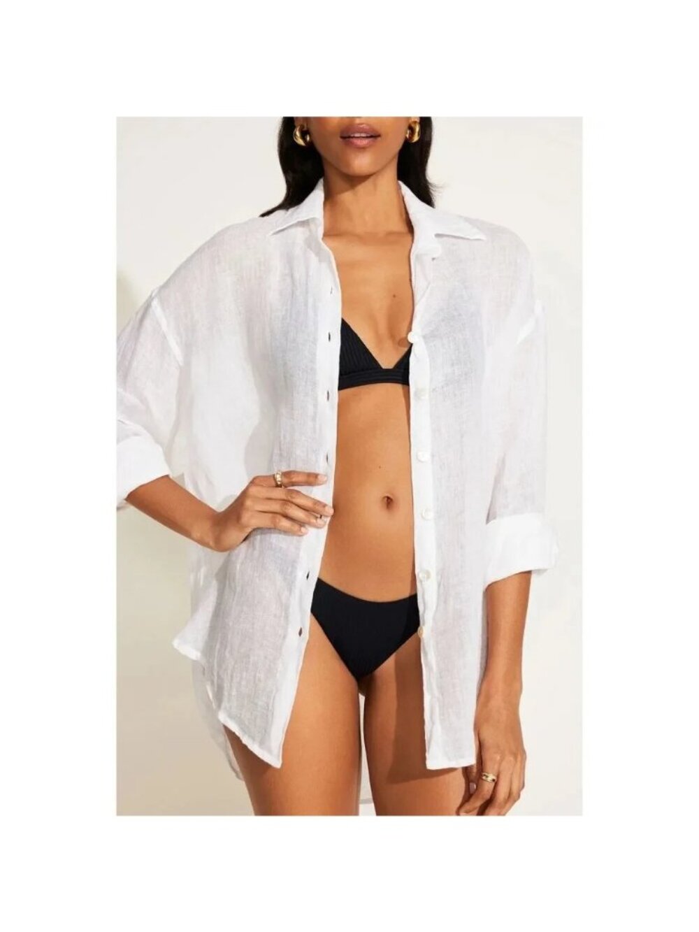 NWOT Vitamin A Playa 100% Linen Boyfriend Shirt in White Sz SMALL S Swim Coverup